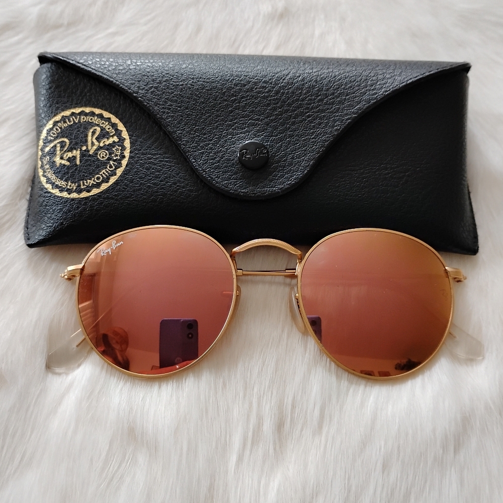 Ray-Ban Gold Frame Sunglasses with Pink Lenses RB3447